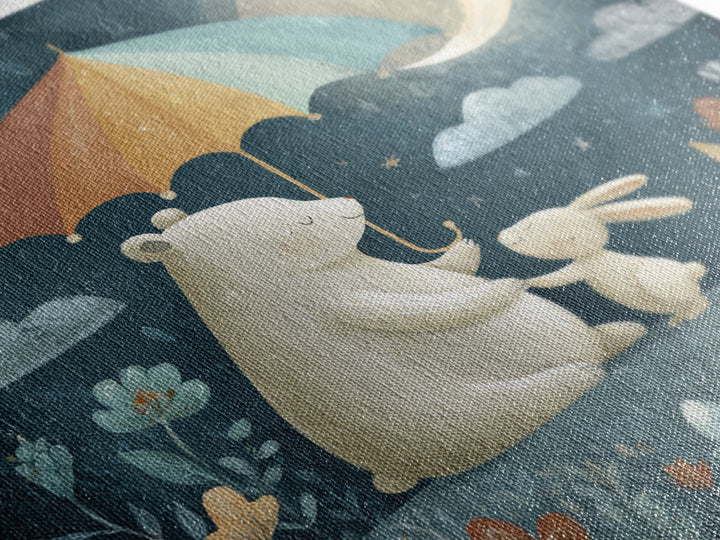 Bear and Rabbit Sharing Umbrella Canvas Print, Nursery Art, Boho Decor, Nursery Decor, Fine Art, Nursery, Wall Hangings, NUR-1x1-89