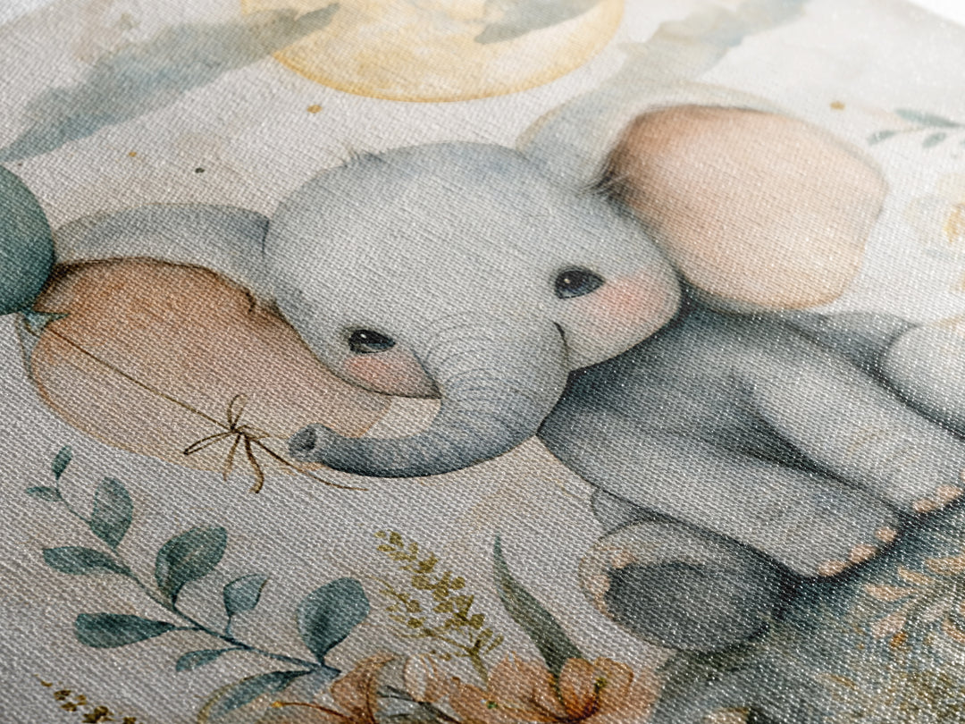 Sleepy Baby Elephant Holding a Tiny Balloon Canvas Print, Nursery Art, Wall Art, Nursery Decor, Oil Painting, Nursery, NUR-1x1-97