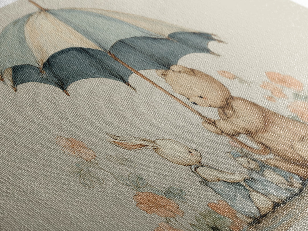 Bear and Rabbit Sharing Umbrella Framed Canvas Print, Nursery Art, Minimalist Decor, Nursery Decor, Fine Art, Nursery, NUR-2x1-37
