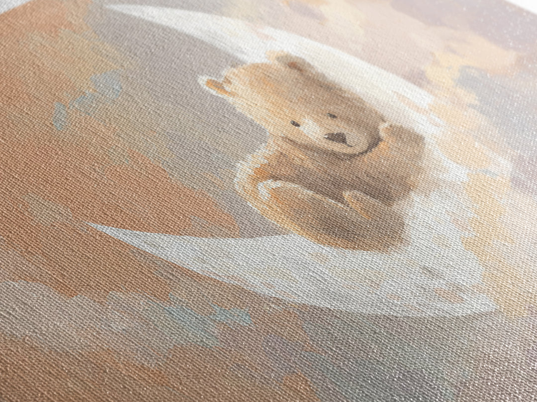 Baby Bear Floating on a Crescent Moon Canvas Print, Nursery Art, Printable Wall Art, Nursery Decor, Watercolor Art, Nursery, NUR-2x1-98