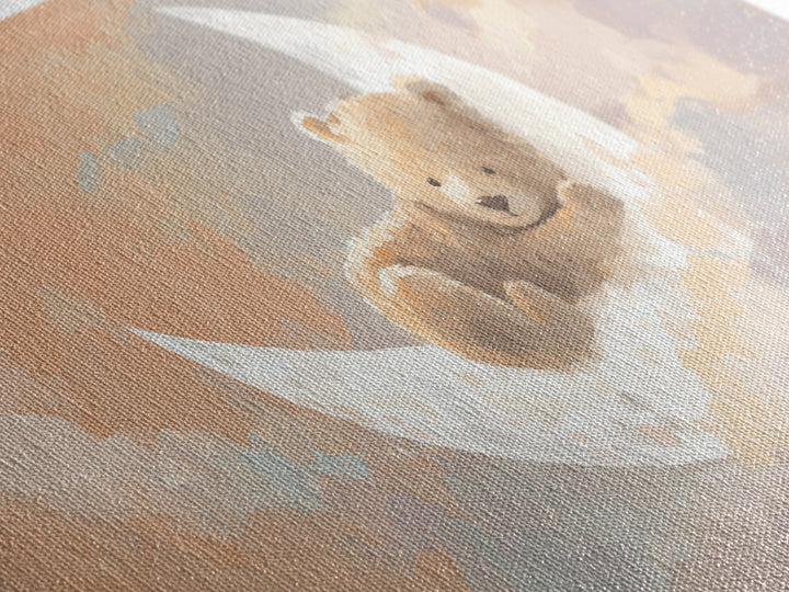 Baby Bear Floating on a Crescent Moon Canvas Print, Nursery Art, Printable Wall Art, Nursery Decor, Watercolor Art, Nursery, NUR-2x1-98
