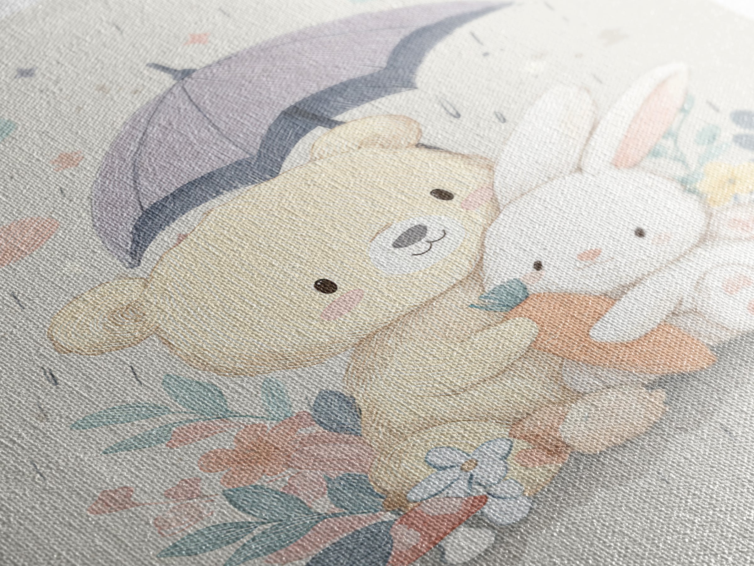 Bear and Rabbit Sharing Umbrella Framed Canvas Print, Nursery Art, Wall Art, Nursery Decor, Fine Art, Nursery, Nursery Prints, NUR-2x3-1