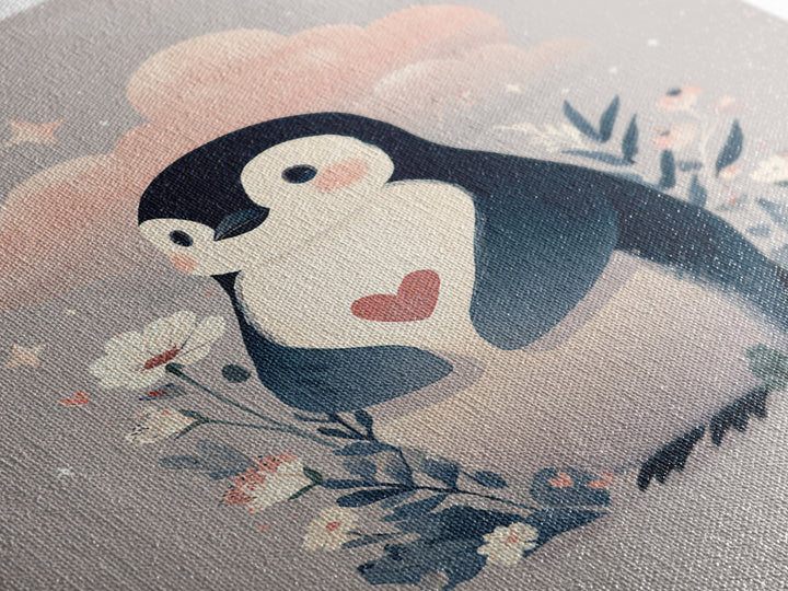 Penguin Holding a Little Heart Shape Framed Canvas Print, Nursery Art, Room Decor, Nursery Decor, Abstract Art, Nursery, NUR-2x3-18