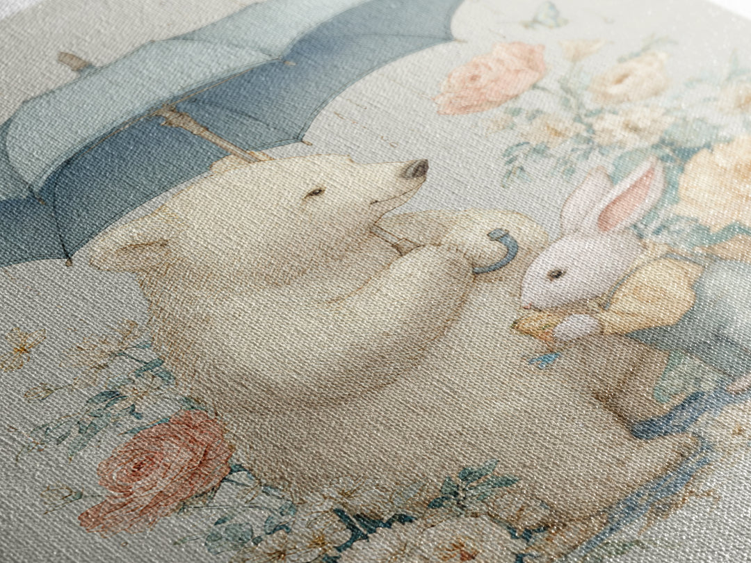 Bear and Rabbit Sharing Umbrella Framed Canvas Print, Nursery Art, Wall Art, Nursery Decor, Fine Art, Nursery, Nursery Prints, NUR-2x3-25