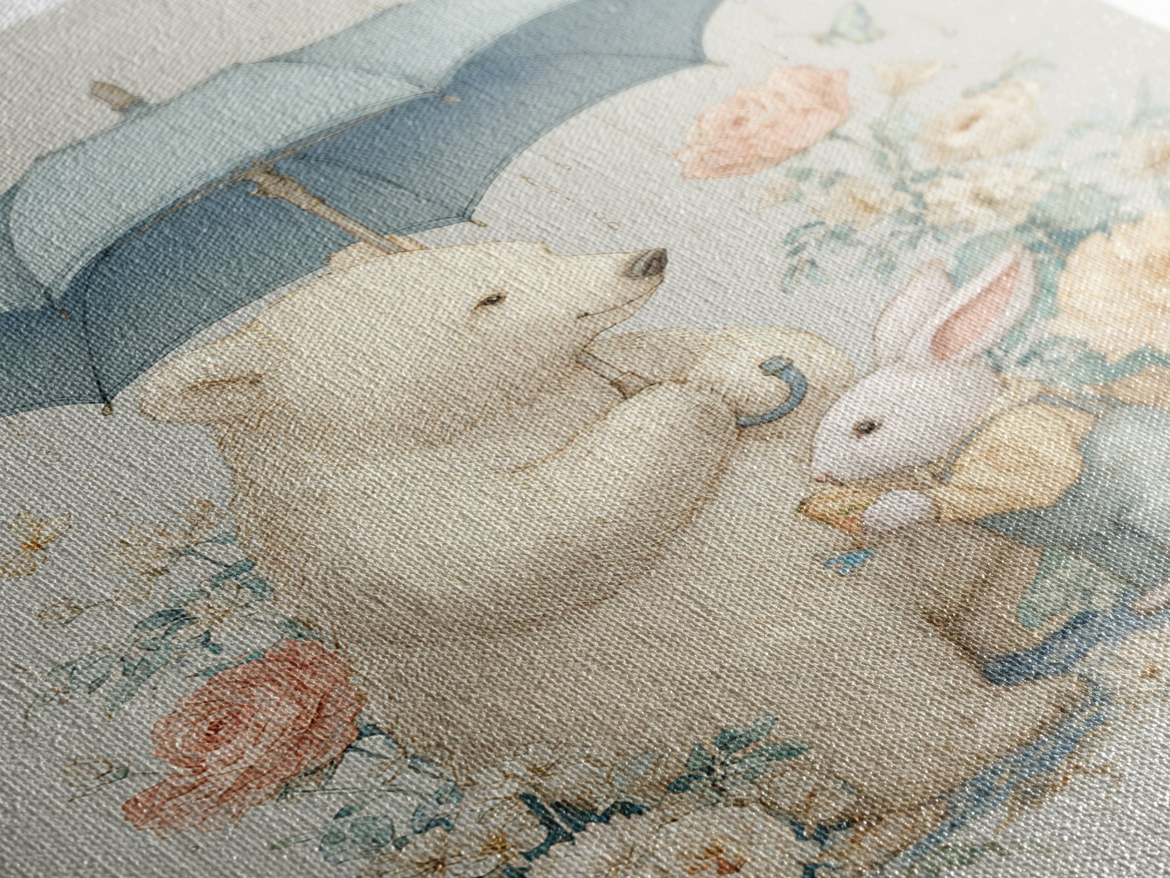 Bear and Rabbit Sharing Umbrella Framed Canvas Print, Nursery Art, Wall Art, Nursery Decor, Fine Art, Nursery, Nursery Prints, NUR-2x3-25