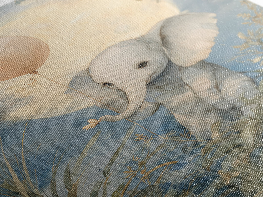 Sleepy Baby Elephant Holding a Tiny Balloon Canvas Print, Nursery Art, Playroom Decor, Nursery Decor, Oil Painting, Nursery, NUR-2x3-57