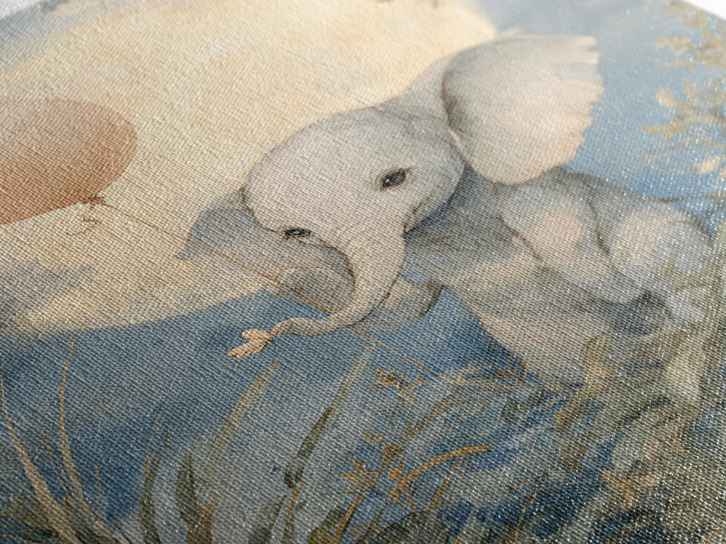 Sleepy Baby Elephant Holding a Tiny Balloon Canvas Print, Nursery Art, Playroom Decor, Nursery Decor, Oil Painting, Nursery, NUR-2x3-57