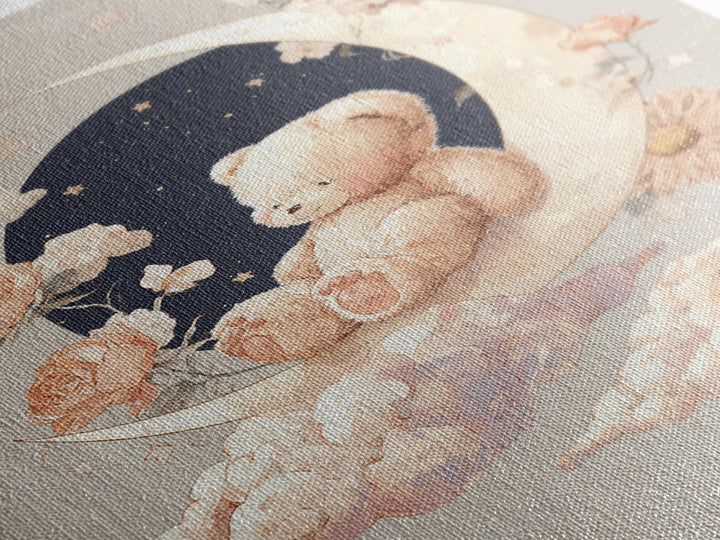 Baby Bear Floating on a Crescent Moon Canvas Print, Nursery Art, Nursery Decor, Abstract Art, Nursery, Kids Wall Art, NUR-2x3-62