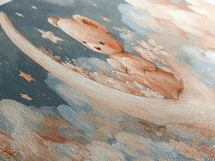Baby Bear Floating on a Crescent Moon Canvas Print, Nursery Art, Boho Decor, Nursery Decor, Abstract Art, Nursery, NUR-3x1-22