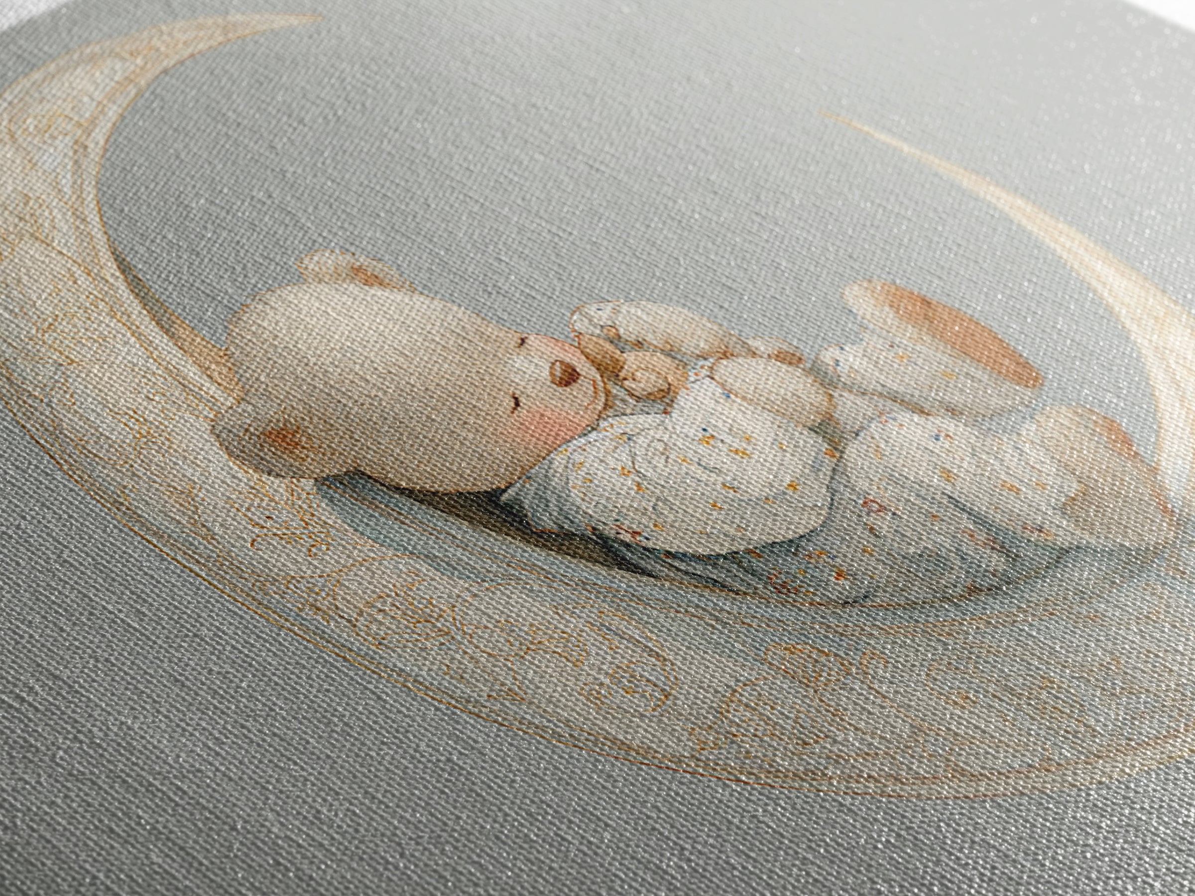 Baby Bear Floating on a Crescent Moon Canvas Print, Nursery Art, Digital Download Art, Nursery Decor, Watercolor Art, Nursery, NUR-3x2-34