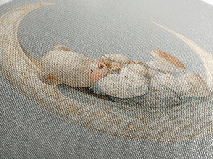 Baby Bear Floating on a Crescent Moon Canvas Print, Nursery Art, Digital Download Art, Nursery Decor, Watercolor Art, Nursery, NUR-3x2-34