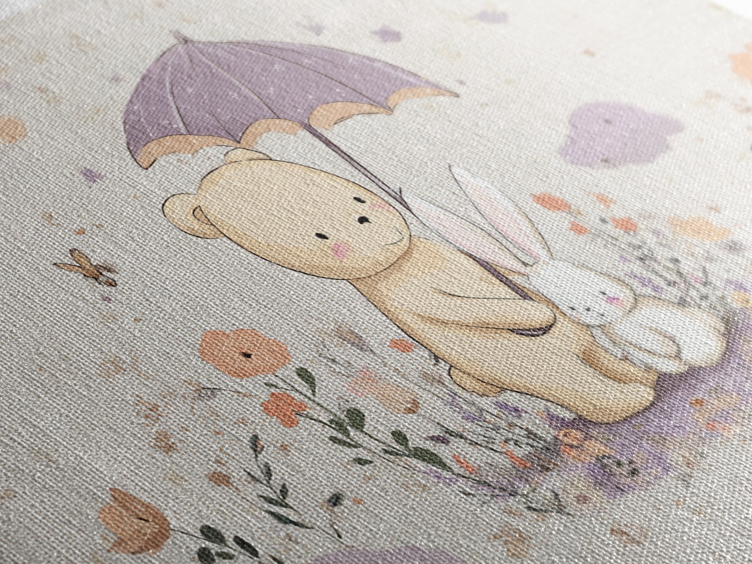 Bear and Rabbit Sharing Umbrella Framed Canvas Print, Nursery Art, Playroom Wall Art, Nursery Decor, Fine Art, Nursery, NUR-3x2-45