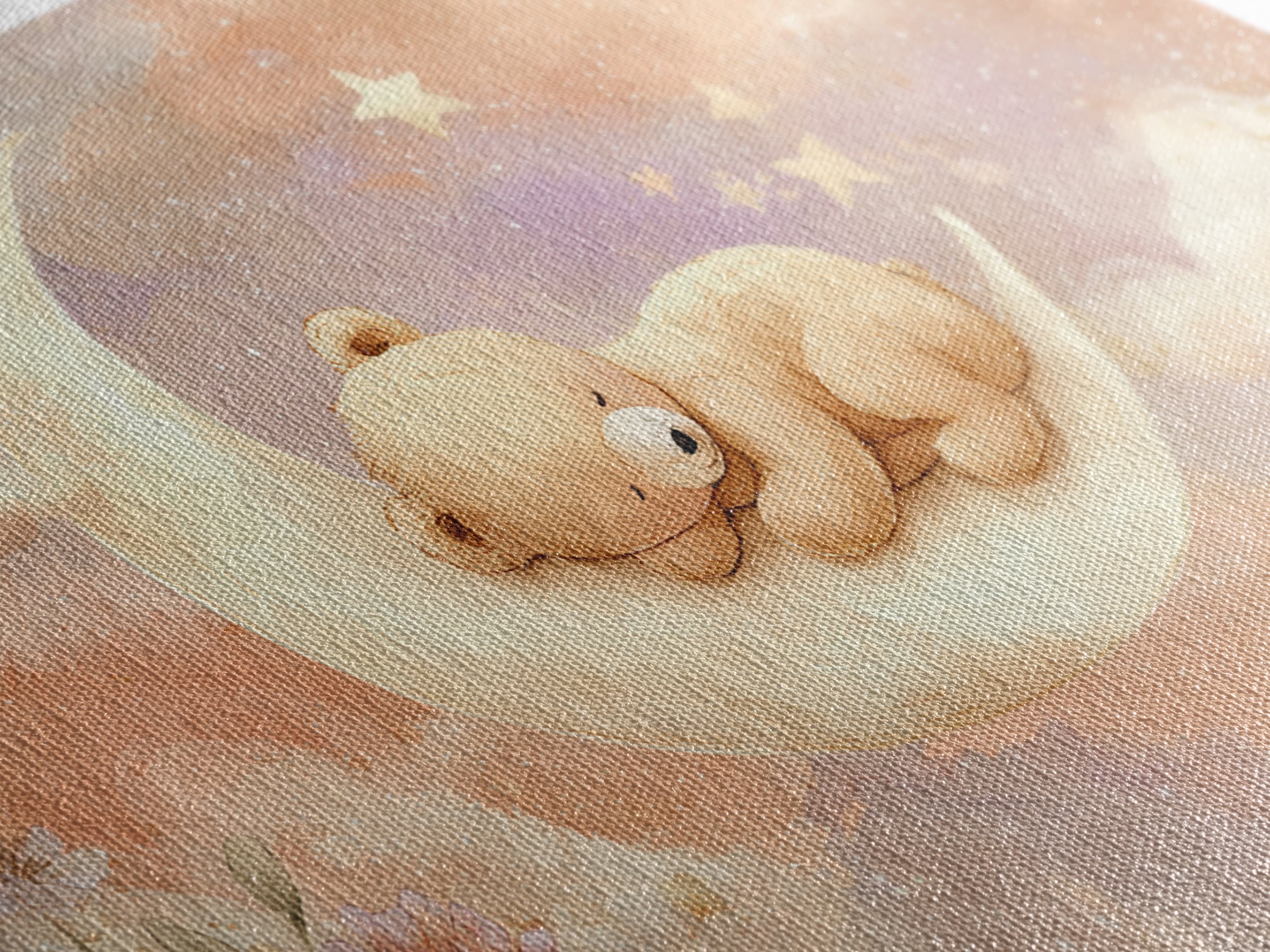 Baby Bear Floating on a Crescent Moon Canvas Print, Nursery Art, Digital Download Art, Nursery Decor, Watercolor Art, Nursery, NUR-3x2-58