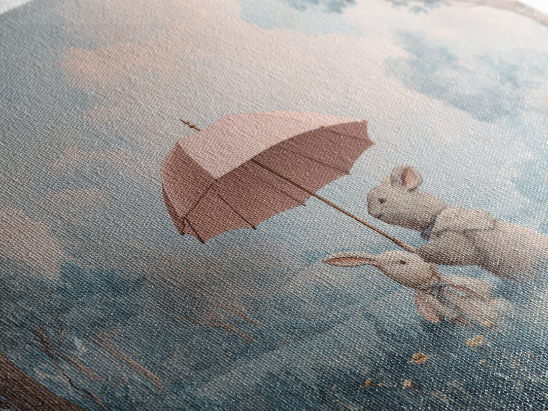 Bear and Rabbit Sharing Umbrella Framed Canvas Print, Nursery Art, Playroom Wall Art, Nursery Decor, Fine Art, Nursery, NUR-3x2-69
