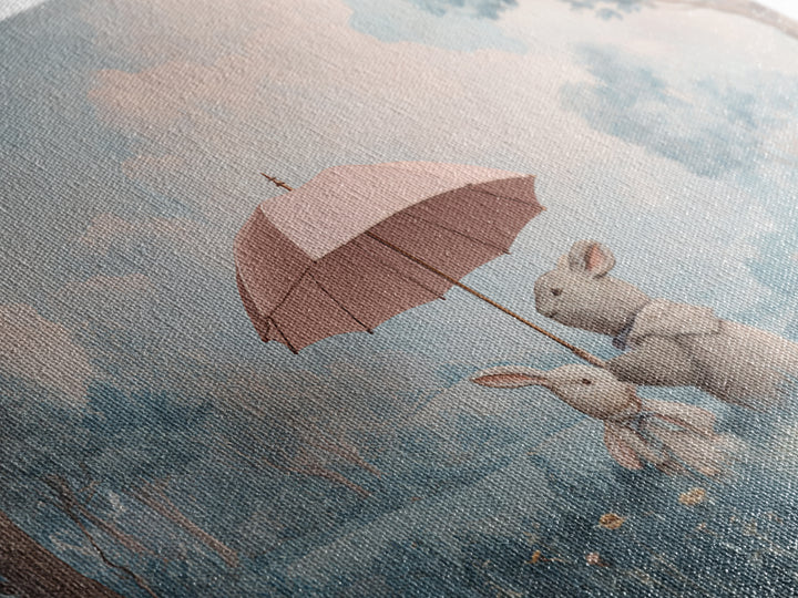 Bear and Rabbit Sharing Umbrella Framed Canvas Print, Nursery Art, Playroom Wall Art, Nursery Decor, Fine Art, Nursery, NUR-3x2-69