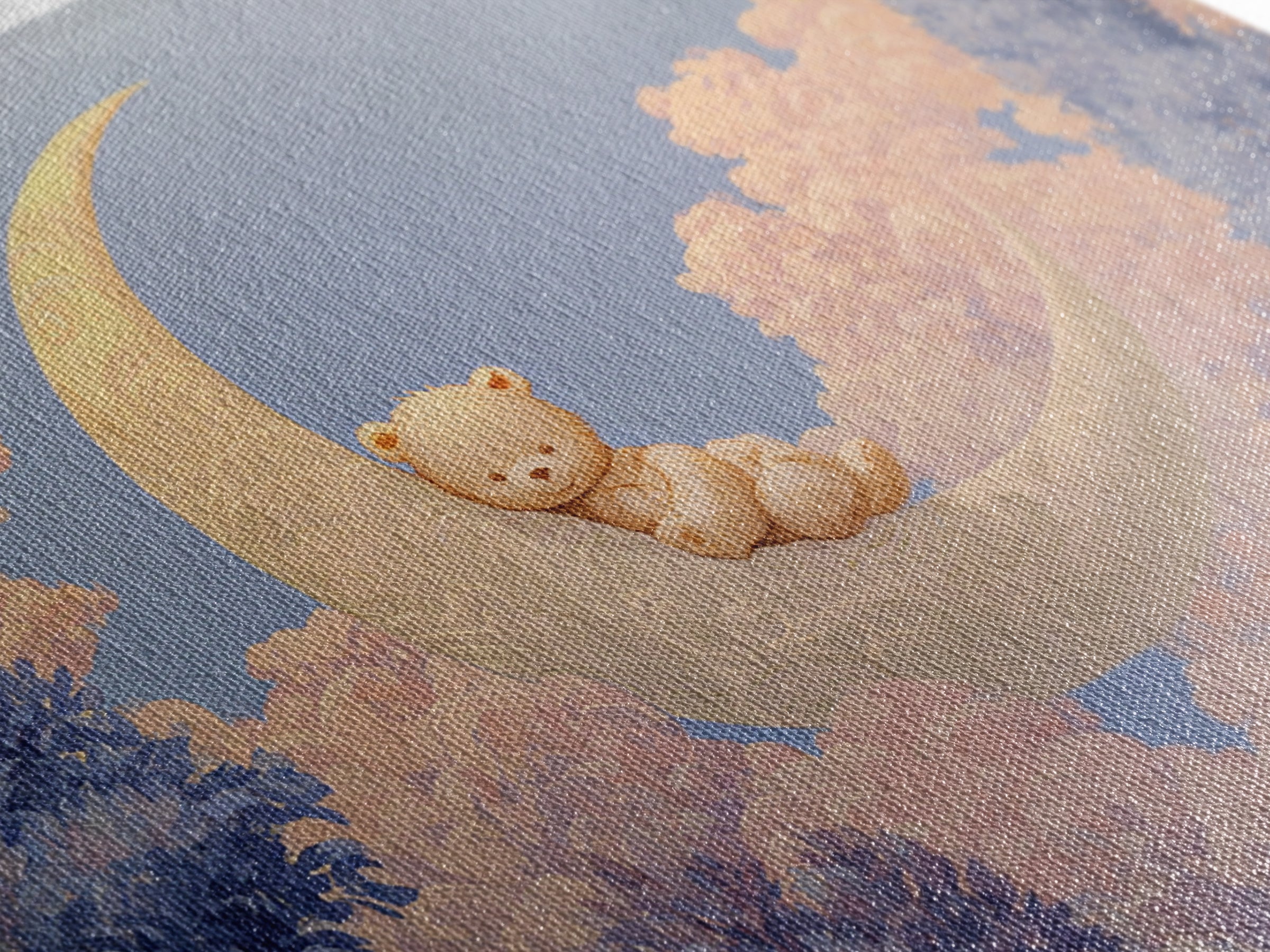 Baby Bear Floating on a Crescent Moon Framed Canvas Print, Nursery Art, Playroom Wall Art, Nursery Decor, Oil Painting, Nursery, NUR-3x2-82