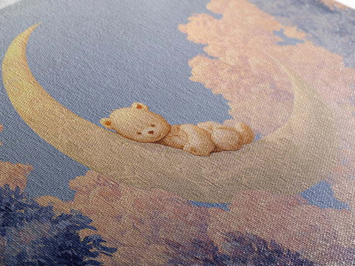 Baby Bear Floating on a Crescent Moon Framed Canvas Print, Nursery Art, Playroom Wall Art, Nursery Decor, Oil Painting, Nursery, NUR-3x2-82
