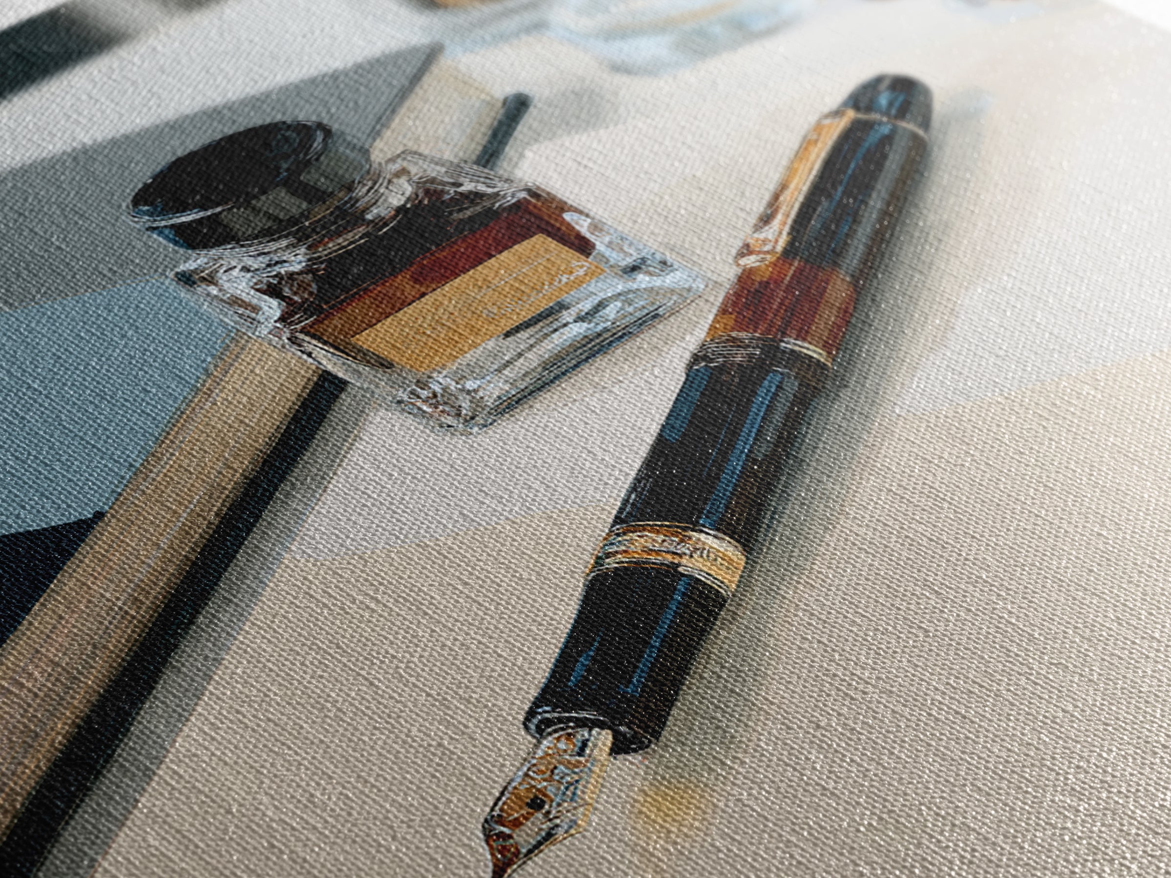 Fountain Pen and Notebook Still Life Without Canvas Print, Office Art, Ai Art, Office Decor, Oil Painting, Focus, OFF-1x1-22