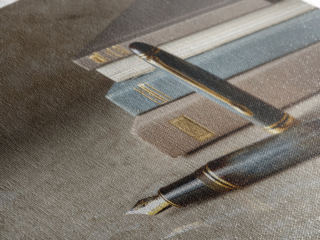 Fountain Pen and Notebook Still Life Without Framed Canvas Print, Office Art, Abstract Art, Office Decor, Oil Painting, Focus, OFF-3x2-74