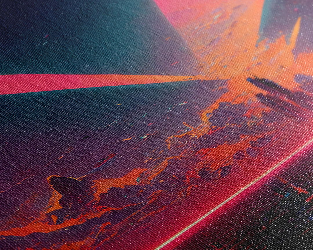 Cyberpunk lake art, city canvas, video game concept art, living room wall art, dystopian art, outrun city at sunset, man cave canvas print