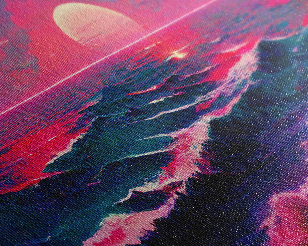 Synth wave sunset wall art, ocean painting canvas print, outrun style, sun set art, wall decor, ocean sunset, beach vaporwave, guest room