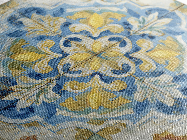 Mediterranean Lemons and Blue Tile Pattern Framed Canvas Print, Patio Art, Patio Decor, Fine Art, Outdoor, Gallery Decor, PAT-1x1-2