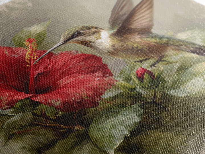 Hummingbird Visiting Bright Hibiscus Canvas Print, Patio Art, Western Decor, Patio Decor, Abstract Art, Outdoor, Floral Art, PAT-1x1-3