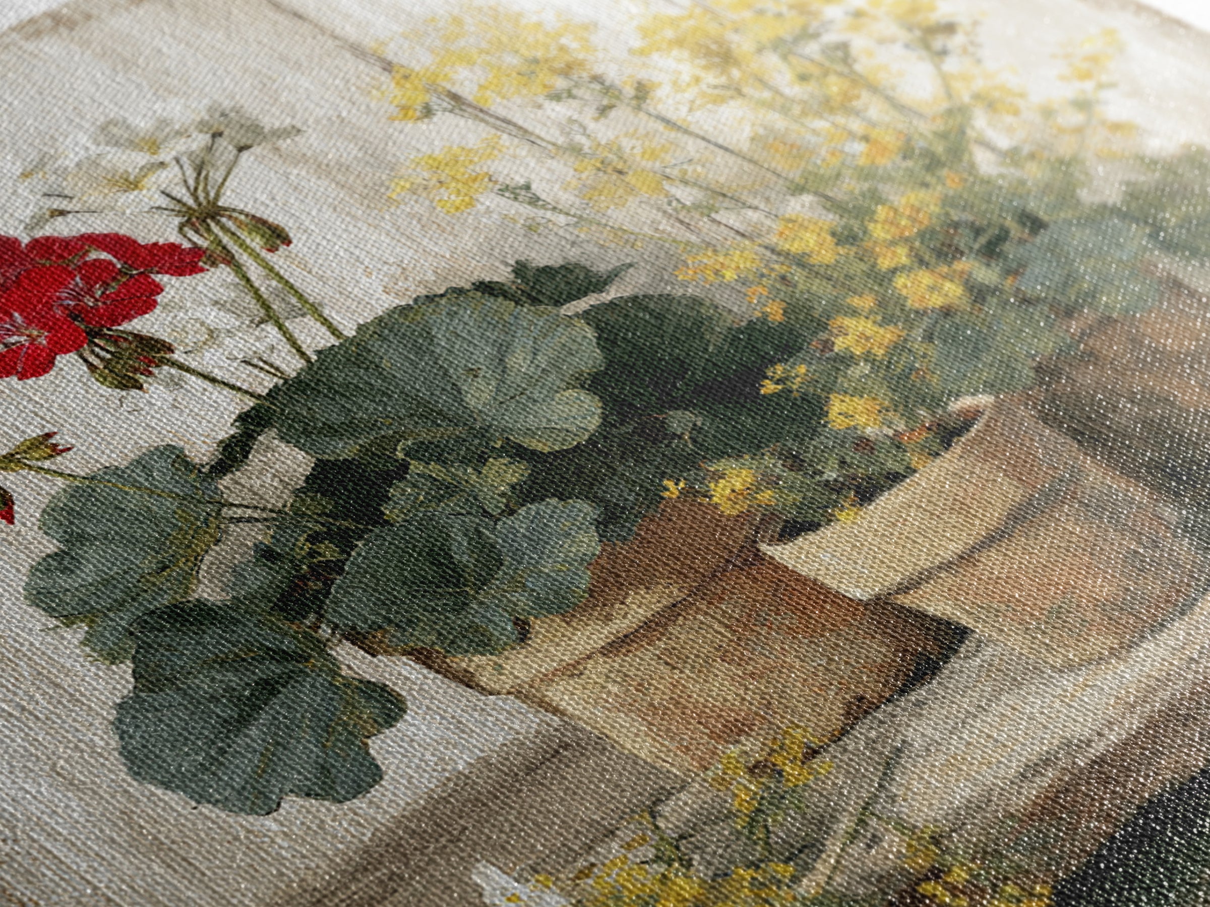 Potted Geraniums in Rustic Clay Pots Framed Canvas Print, Patio Art, Family Wall Art, Patio Decor, Fine Art, Outdoor, PAT-1x1-38
