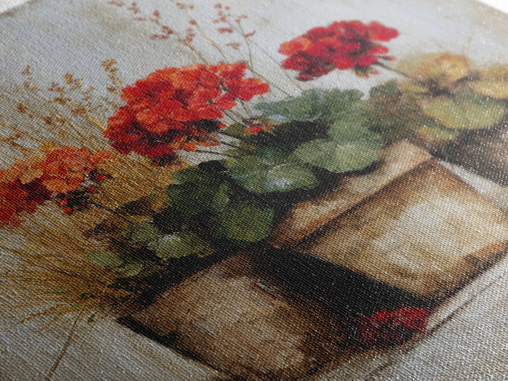 Potted Geraniums in Rustic Clay Pots Canvas Print, Patio Art, Modern Decor, Patio Decor, Fine Art, Outdoor, Home Decor, PAT-1x1-86