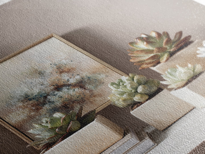 Succulent Collection in Ceramic Planters Framed Canvas Print, Patio Art, Luxury Decor, Patio Decor, Oil Painting, Outdoor, PAT-1x1-93