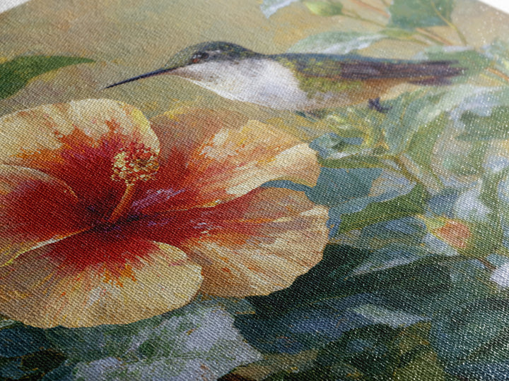Hummingbird Visiting Bright Hibiscus Canvas Print, Patio Art, Wall Art, Patio Decor, Fine Art, Outdoor, Outdoor Wall Decor, PAT-1x1-99