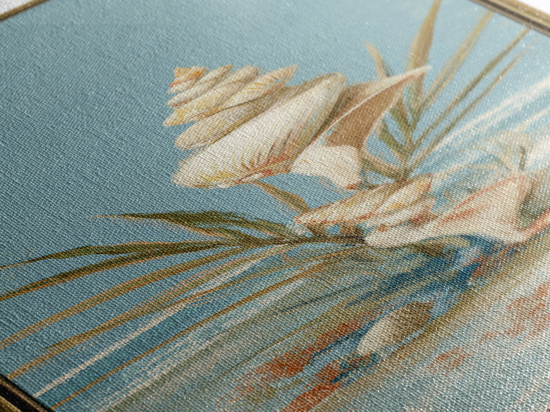 Beachy Shell and Palm Arrangement Canvas Print, Patio Art, Yard Art, Patio Decor, Oil Painting, Outdoor, Lake House Decor, PAT-1x3-55