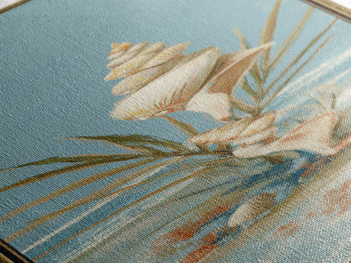 Beachy Shell and Palm Arrangement Canvas Print, Patio Art, Yard Art, Patio Decor, Oil Painting, Outdoor, Lake House Decor, PAT-1x3-55