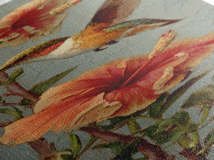 Hummingbird Visiting Bright Hibiscus Canvas Print, Patio Art, Patio Decor, Oil Painting, Outdoor, Gallery Decor, Neutral Decor, PAT-1x3-63