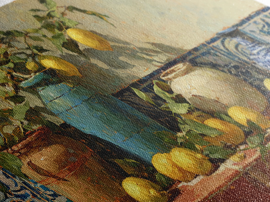 Mediterranean Lemons and Blue Tile Pattern Canvas Print, Patio Art, Boho Decor, Patio Decor, Fine Art, Outdoor, Outdoor Decor, PAT-2x1-22
