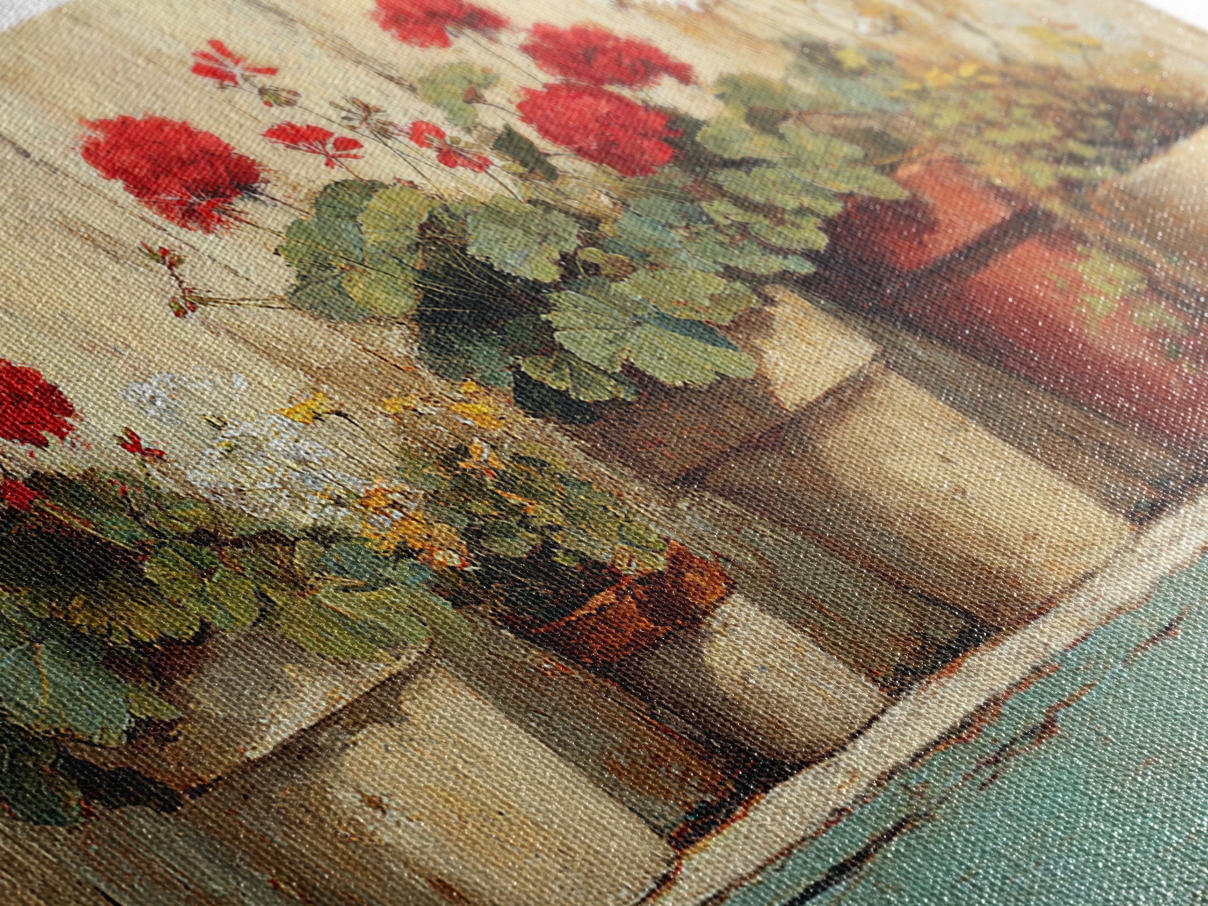Potted Geraniums in Rustic Clay Pots Framed Canvas Print, Patio Art, Art Print, Patio Decor, Fine Art, Outdoor, Garden Decor, PAT-2x1-34