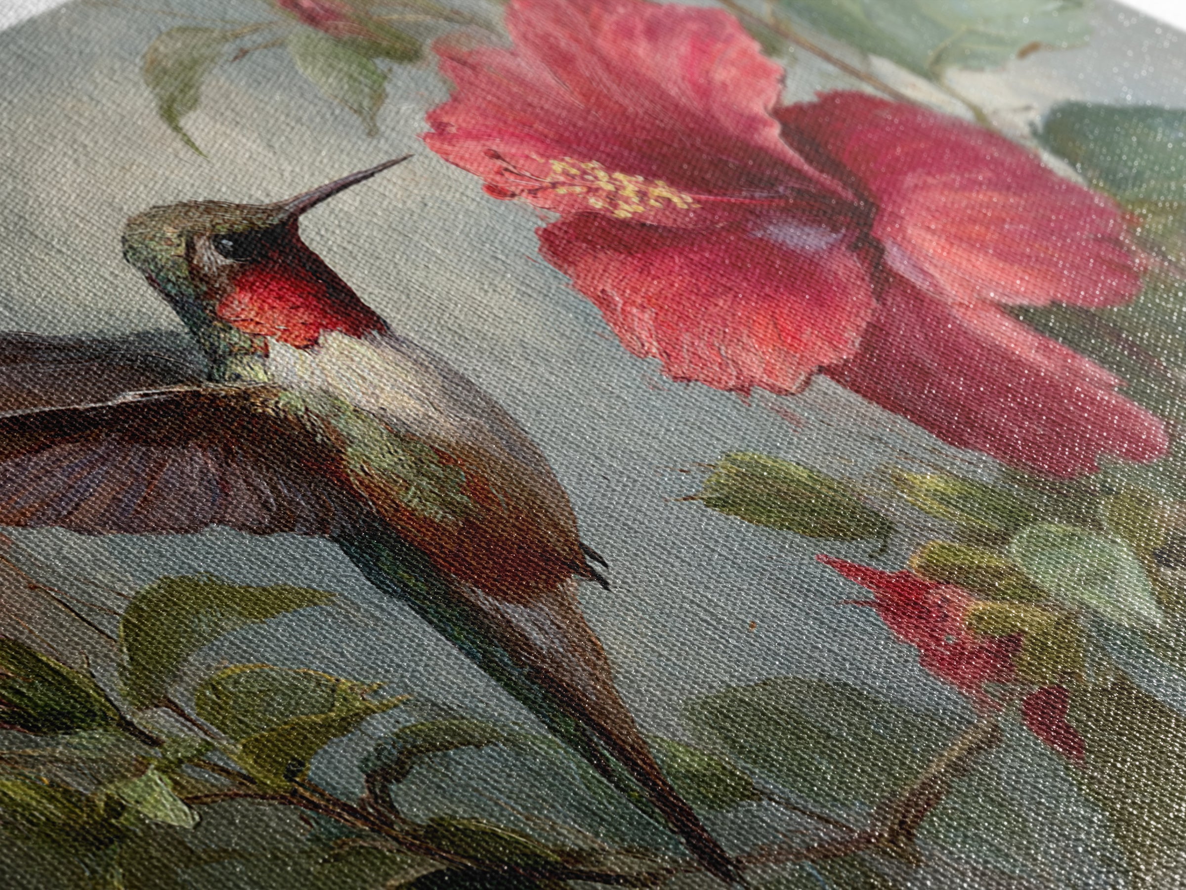 Hummingbird Visiting Bright Hibiscus Canvas Print, Patio Art, Metal Art, Patio Decor, Oil Painting, Outdoor, Patio Cushions, PAT-2x1-47