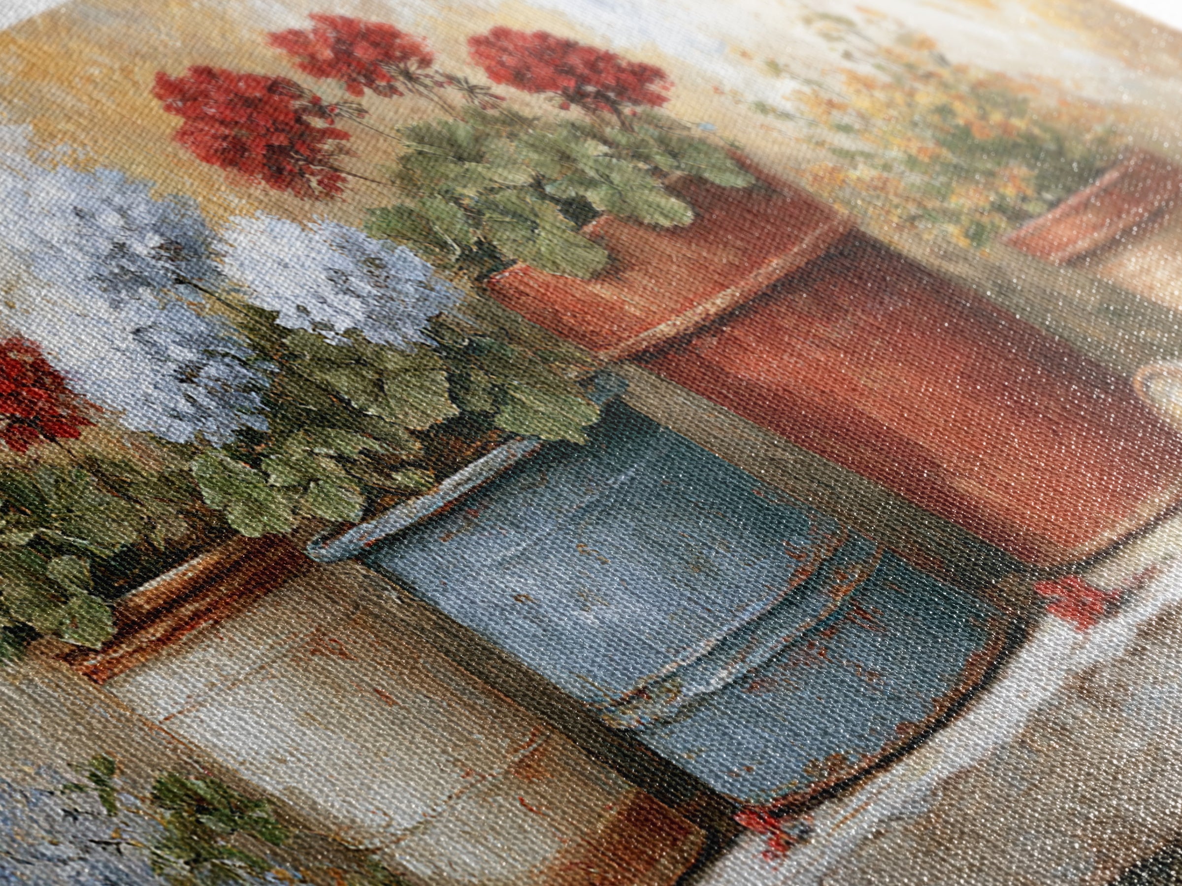 Potted Geraniums in Rustic Clay Pots Canvas Print, Patio Art, Wall Art, Patio Decor, Fine Art, Outdoor, Outdoor Wall Decor, PAT-2x1-58