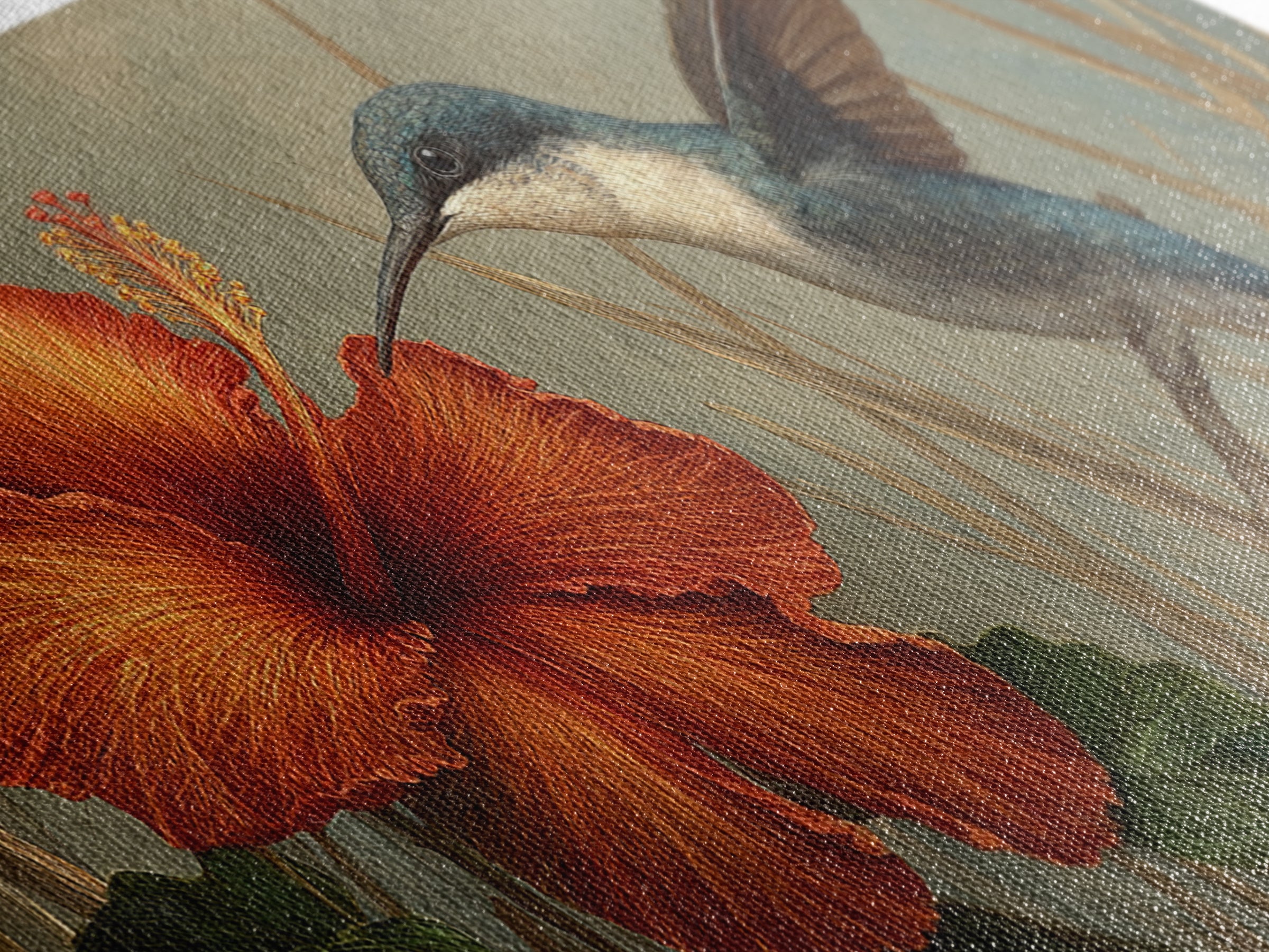 Hummingbird Visiting Bright Hibiscus Canvas Print, Patio Art, Lake House Decor, Patio Decor, Abstract Art, Outdoor, Boho Decor, PAT-2x1-71
