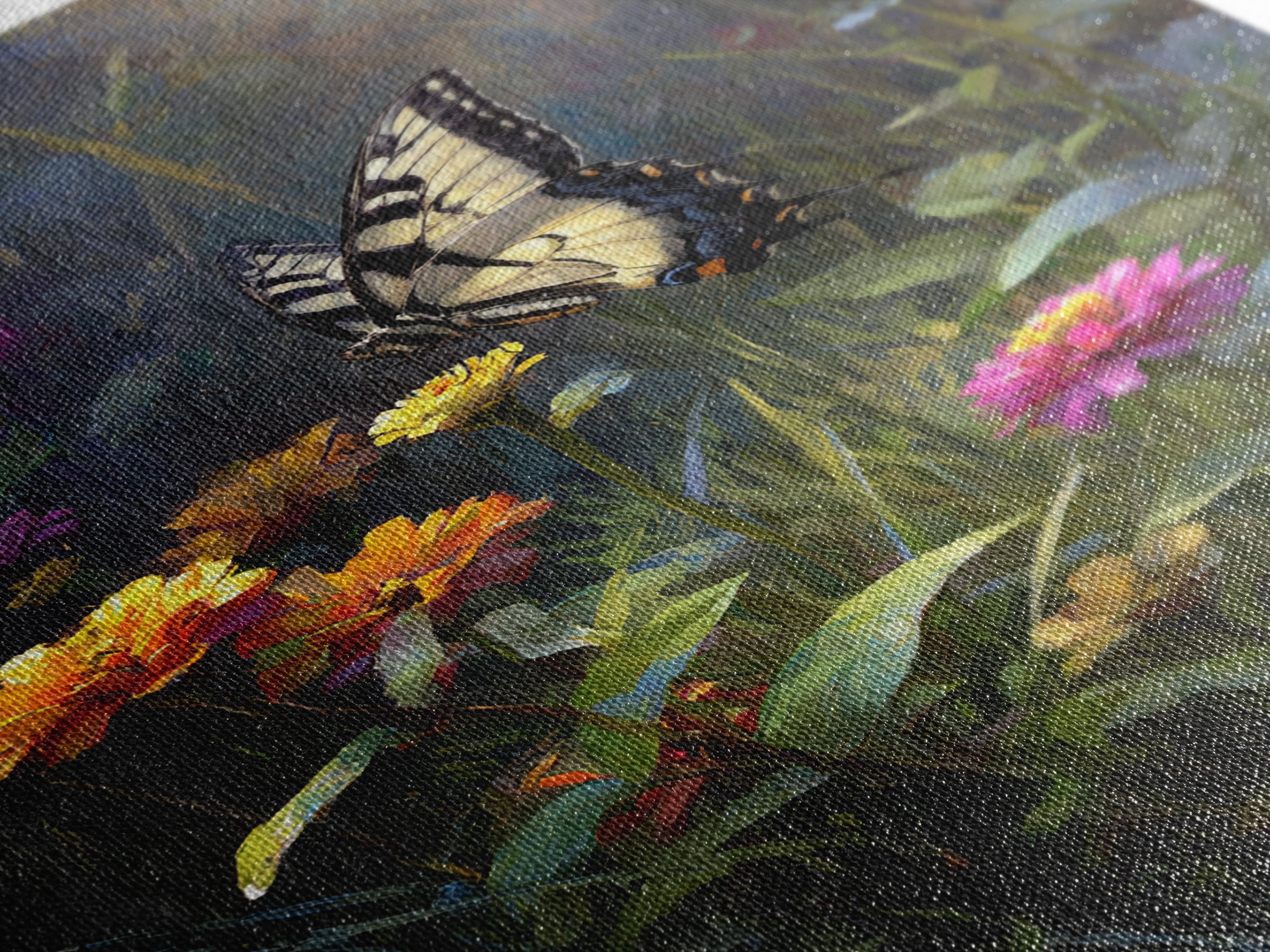 Butterfly Garden with Zinnias and Daisies Framed Canvas Print, Patio Art, Contemporary Art, Patio Decor, Fine Art, Outdoor, PAT-2x3-21