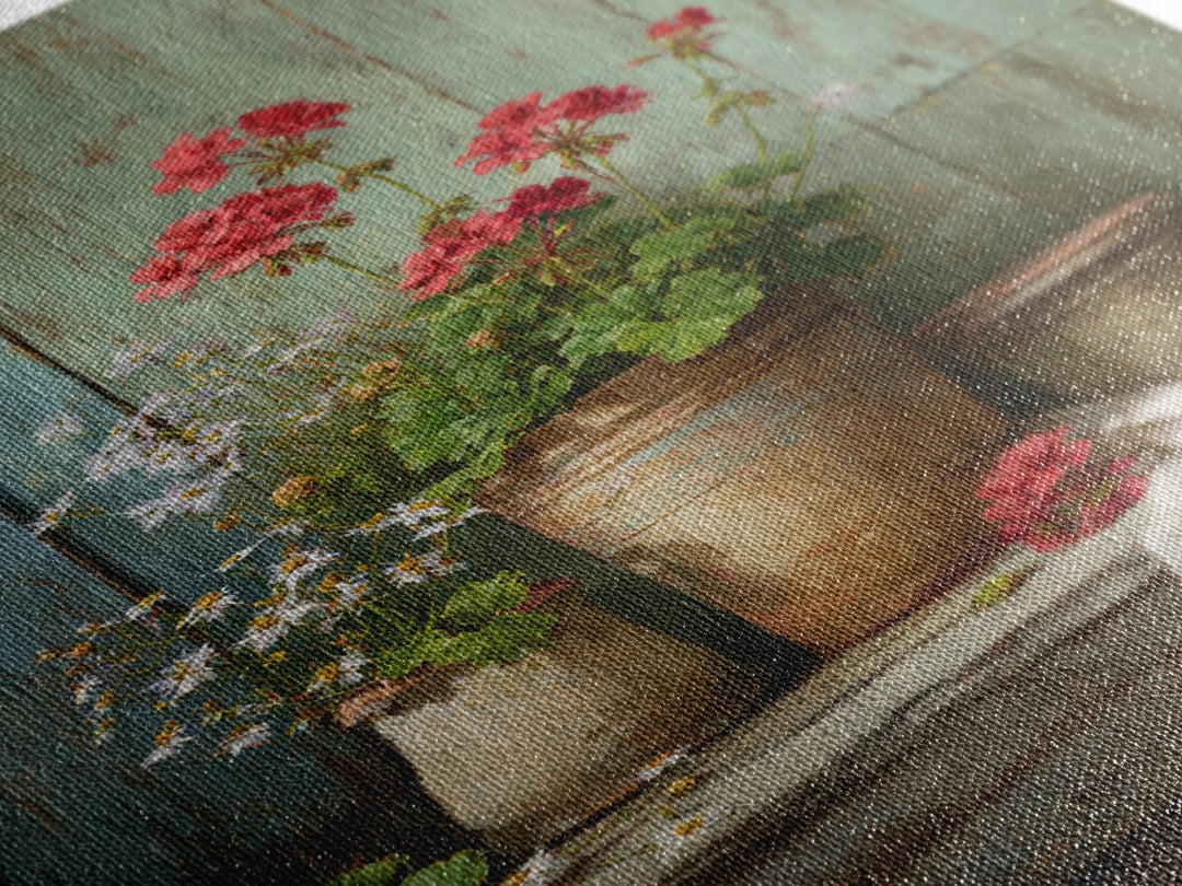 Potted Geraniums in Rustic Clay Pots Framed Canvas Print, Patio Art, Textured Painting, Patio Decor, Fine Art, Outdoor, PAT-2x3-22