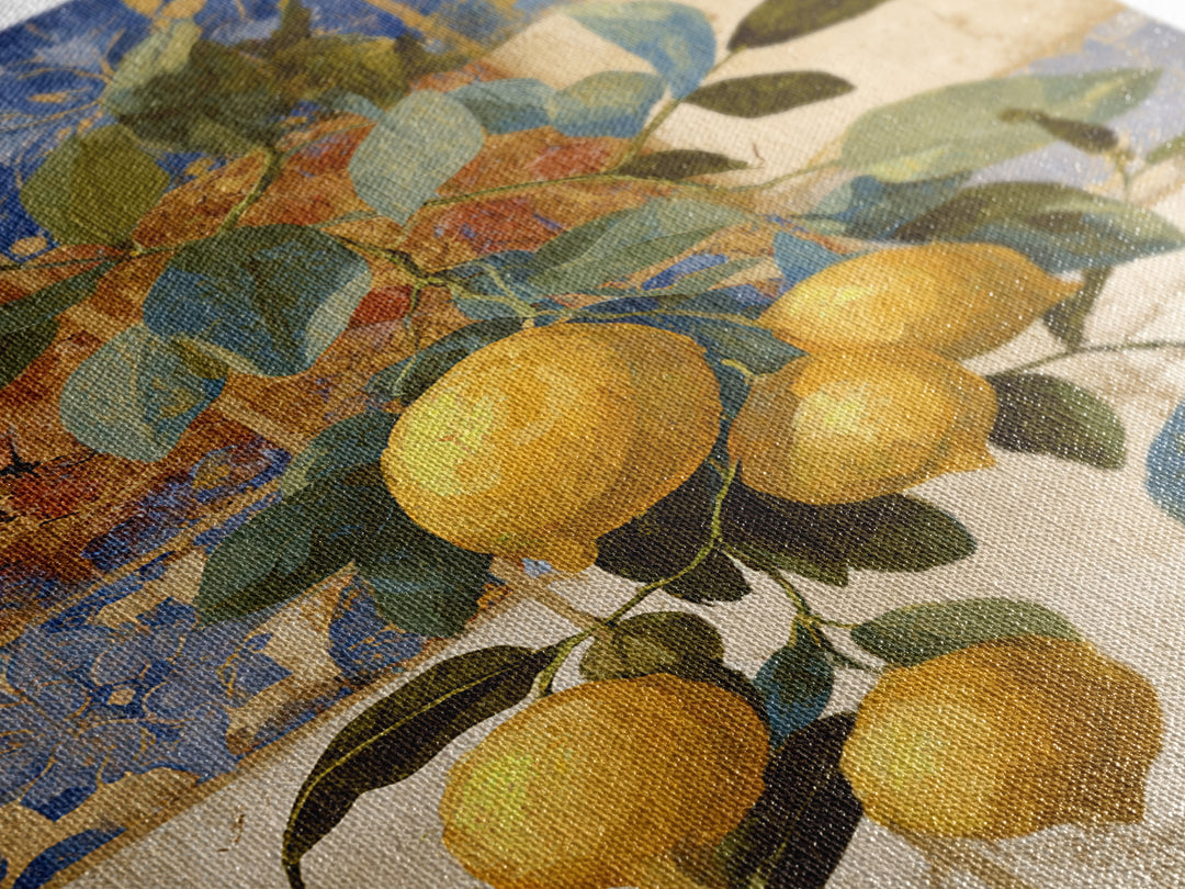 Mediterranean Lemons and Blue Tile Pattern Framed Canvas Print, Patio Art, Contemporary Art, Patio Decor, Fine Art, Outdoor, PAT-2x3-34