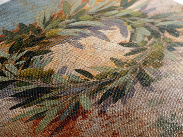 Olive Branch Wreath on Warm Plaster Framed Canvas Print, Patio Art, Outdoor Decor, Patio Decor, Fine Art, Outdoor, Bar Art, PAT-2x3-41