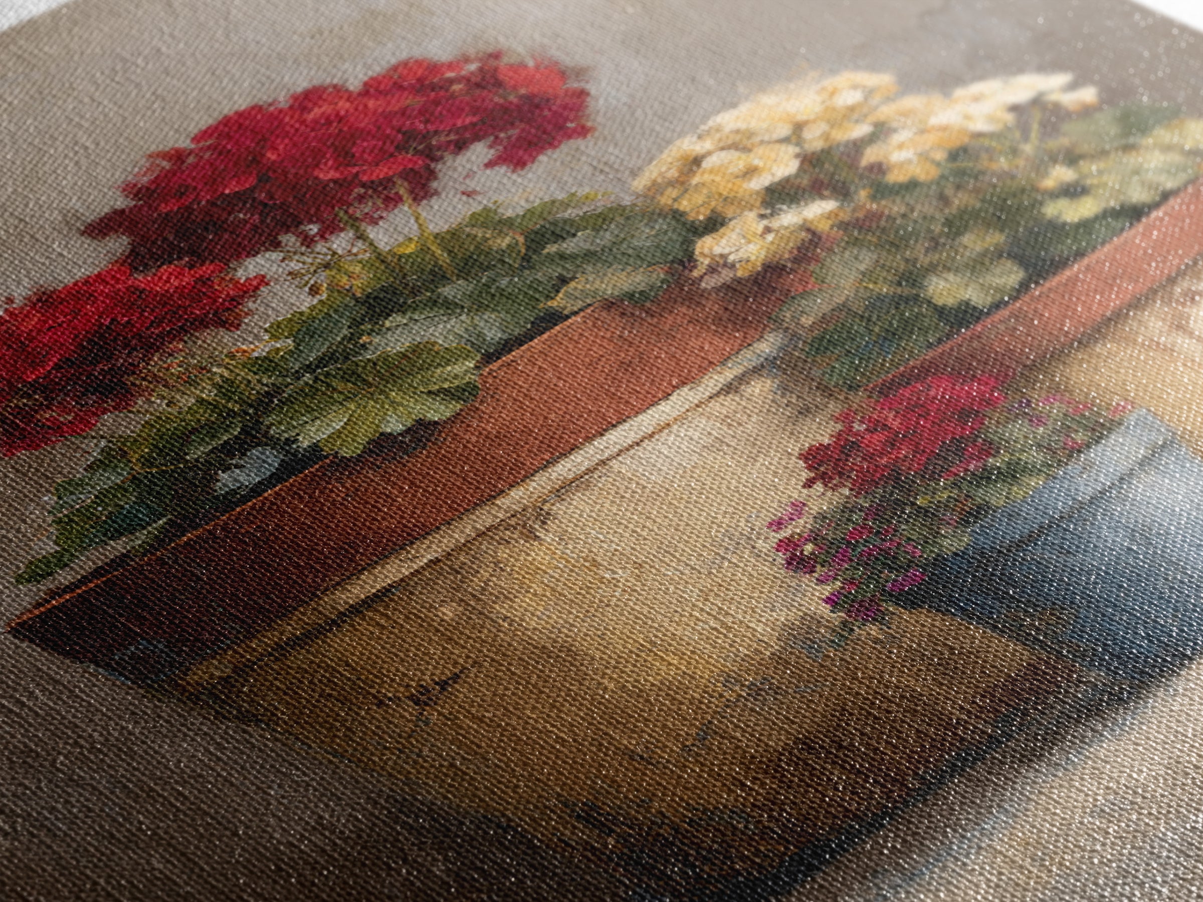 Potted Geraniums in Rustic Clay Pots Framed Canvas Print, Patio Art, Textured Painting, Patio Decor, Fine Art, Outdoor, PAT-2x3-46