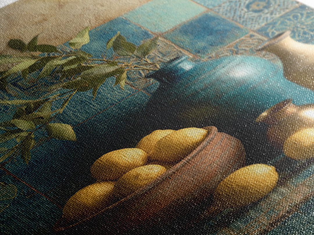 Mediterranean Lemons and Blue Tile Pattern Canvas Print, Patio Art, Metal Wall Art, Patio Decor, Outdoor, Coastal Wall Decor, PAT-2x3-58