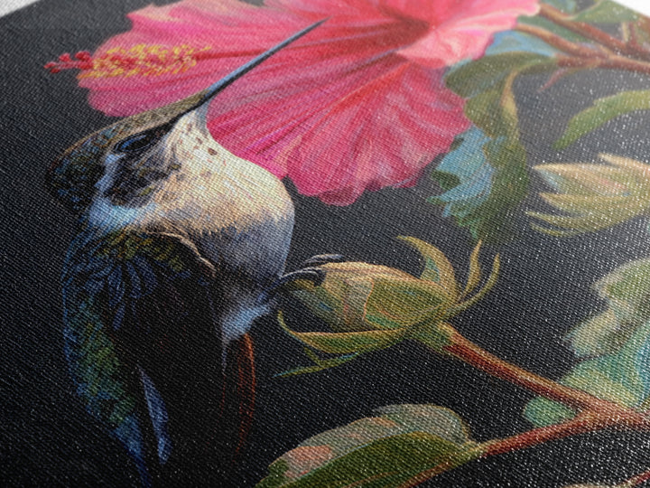 Hummingbird Visiting Bright Hibiscus Framed Canvas Print, Patio Art, Decor, Patio Decor, Oil Painting, Outdoor, PAT-2x3-59