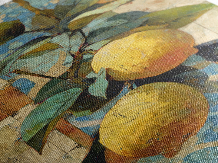 Mediterranean Lemons and Blue Tile Pattern Canvas Print, Patio Art, Metal Wall Art, Patio Decor, Outdoor, Coastal Wall Decor, PAT-2x3-82