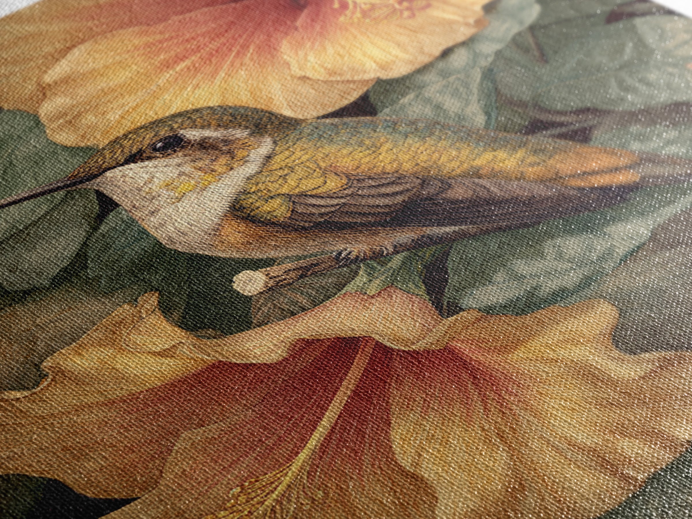 Hummingbird Visiting Bright Hibiscus Framed Canvas Print, Patio Art, Coastal Decor, Patio Decor, Abstract Art, Outdoor, PAT-2x3-83
