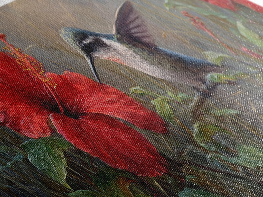 Hummingbird Visiting Bright Hibiscus Canvas Print, Patio Art, Wall Decor, Patio Decor, Fine Art, Outdoor, Coastal Decor, PAT-3x1-43