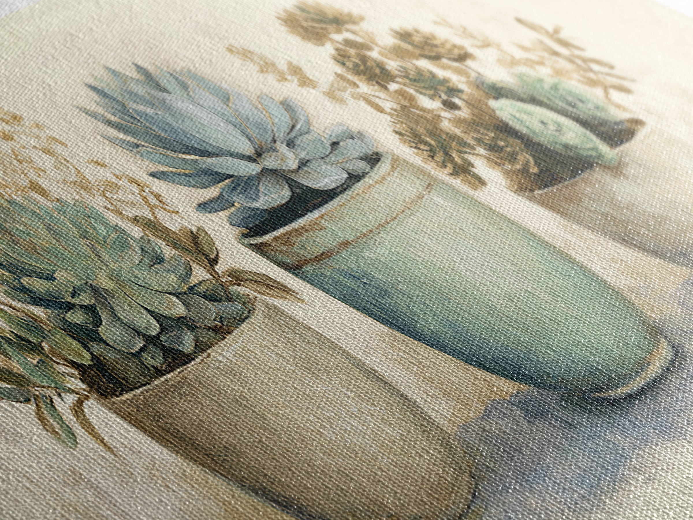 Succulent Collection in Ceramic Planters Canvas Print, Patio Art, Floral Art, Patio Decor, Oil Painting, Outdoor, PAT-3x1-61